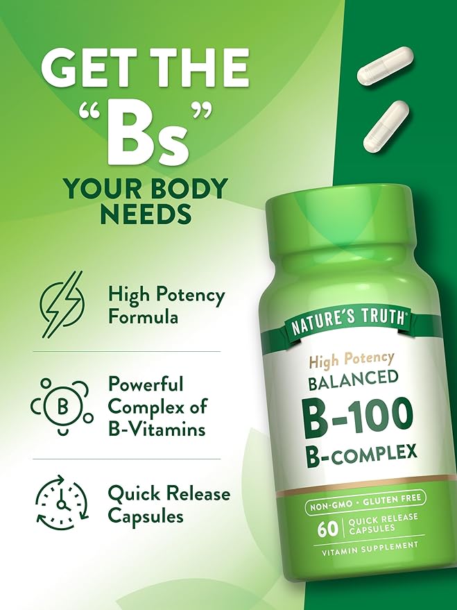Nature's Truth Vitamin B Complex | 60 Capsules | High Potency B-100 | Non-GMO & Gluten Free Supplement