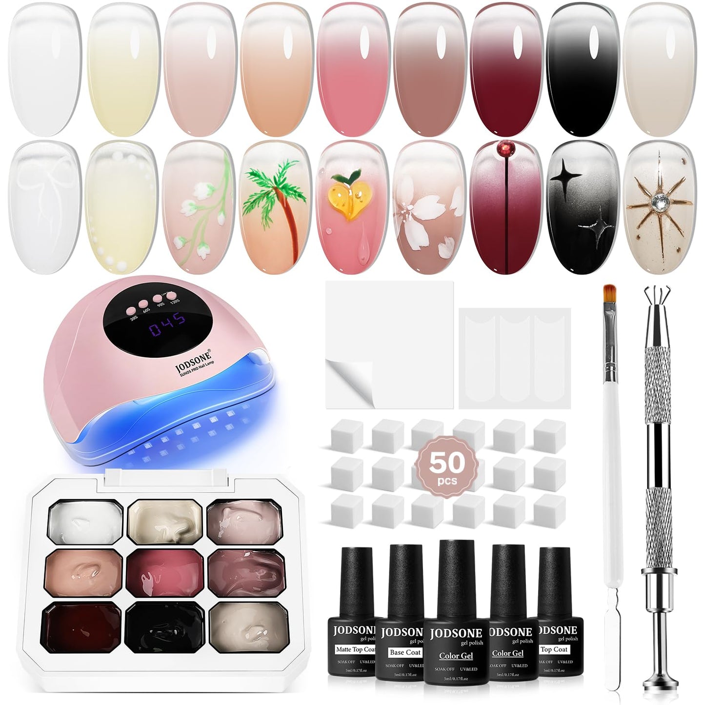 JODSONE 9 Colors Gradient Sponge Pat Paint Nail Gel Kit with U V Nail Lamp with 50 PCS Nail Sponges and Grabbing Pen