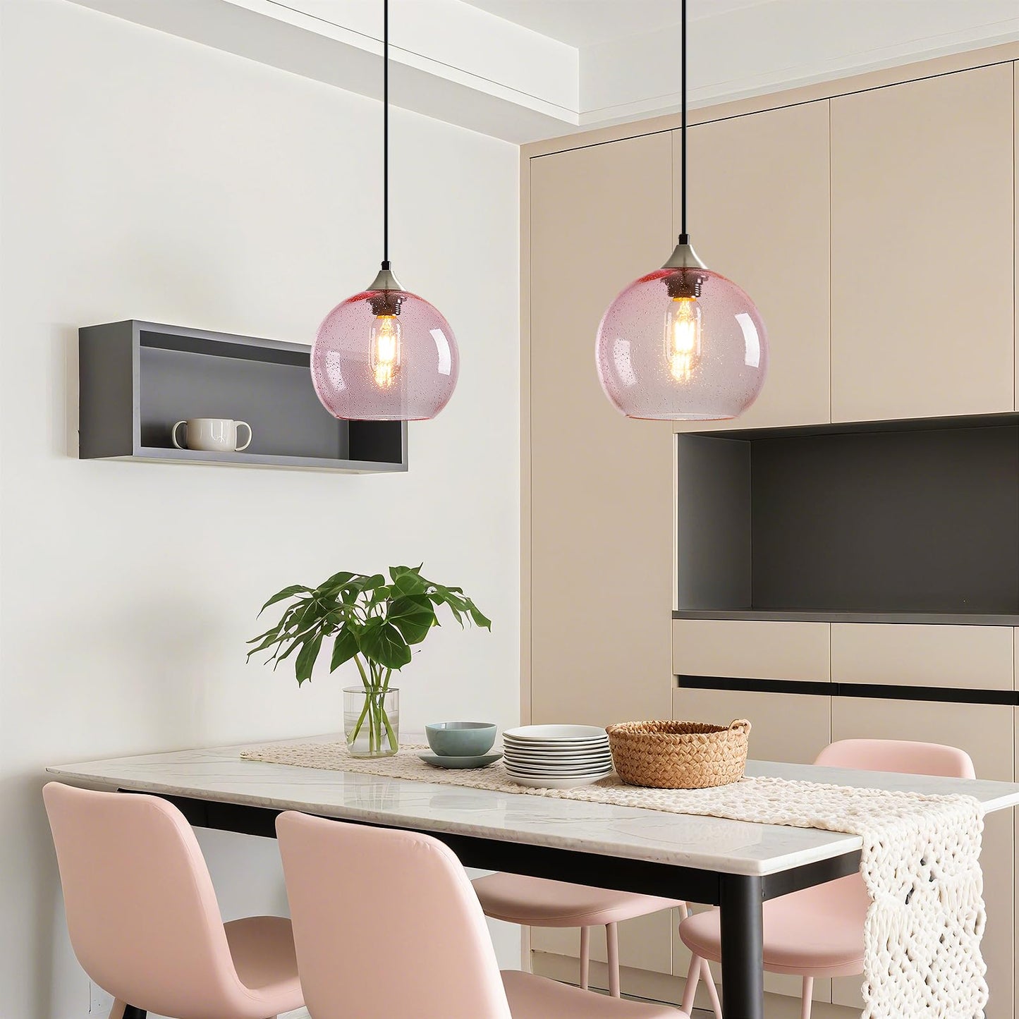 Lbsqj Pink Glass Pendant Lights Kitchen Island Lighting Globe Pendant Light Fixtures Modern Pendant Lighting For Bedroom Living Dining Room Light Fixture (7.87 In  3 Pack)