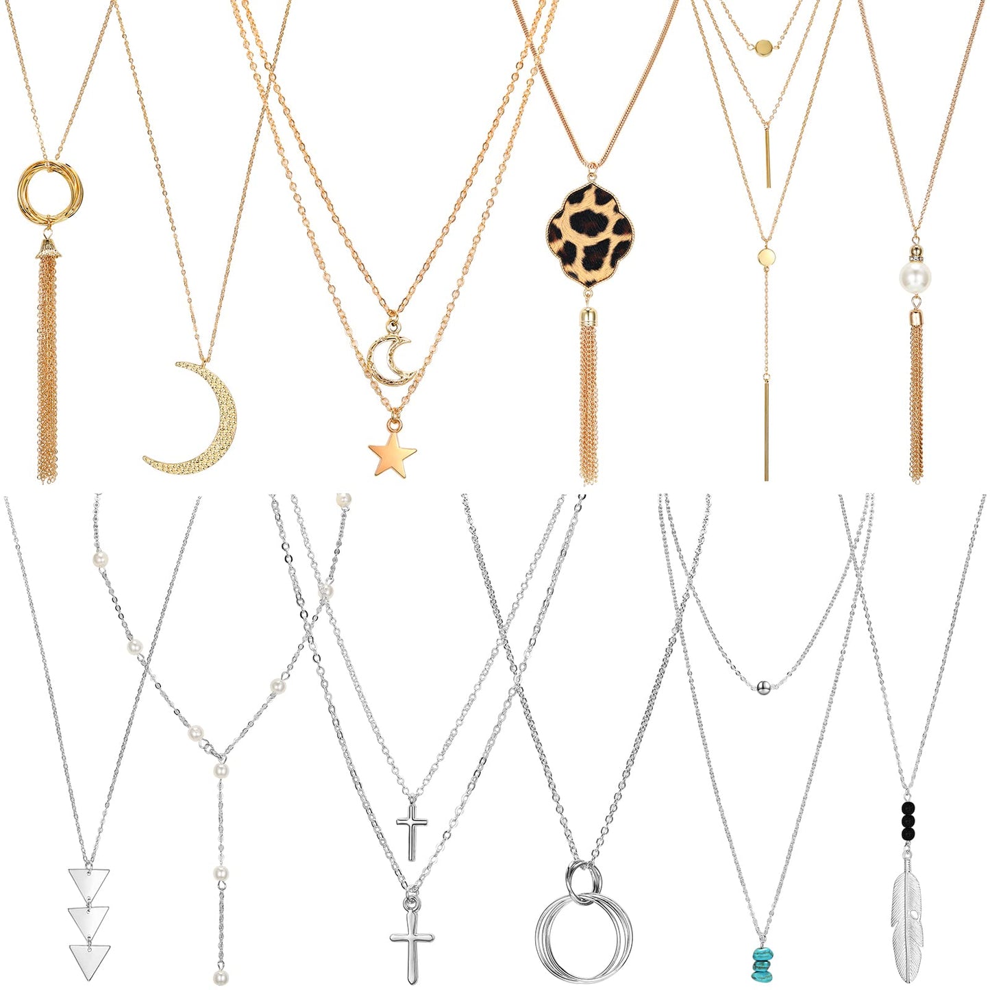 Hicarer 12 Pieces Long Pendant Necklace Set Y Tassel Leaf Circle Bar Necklace for Women (Delicate Style)