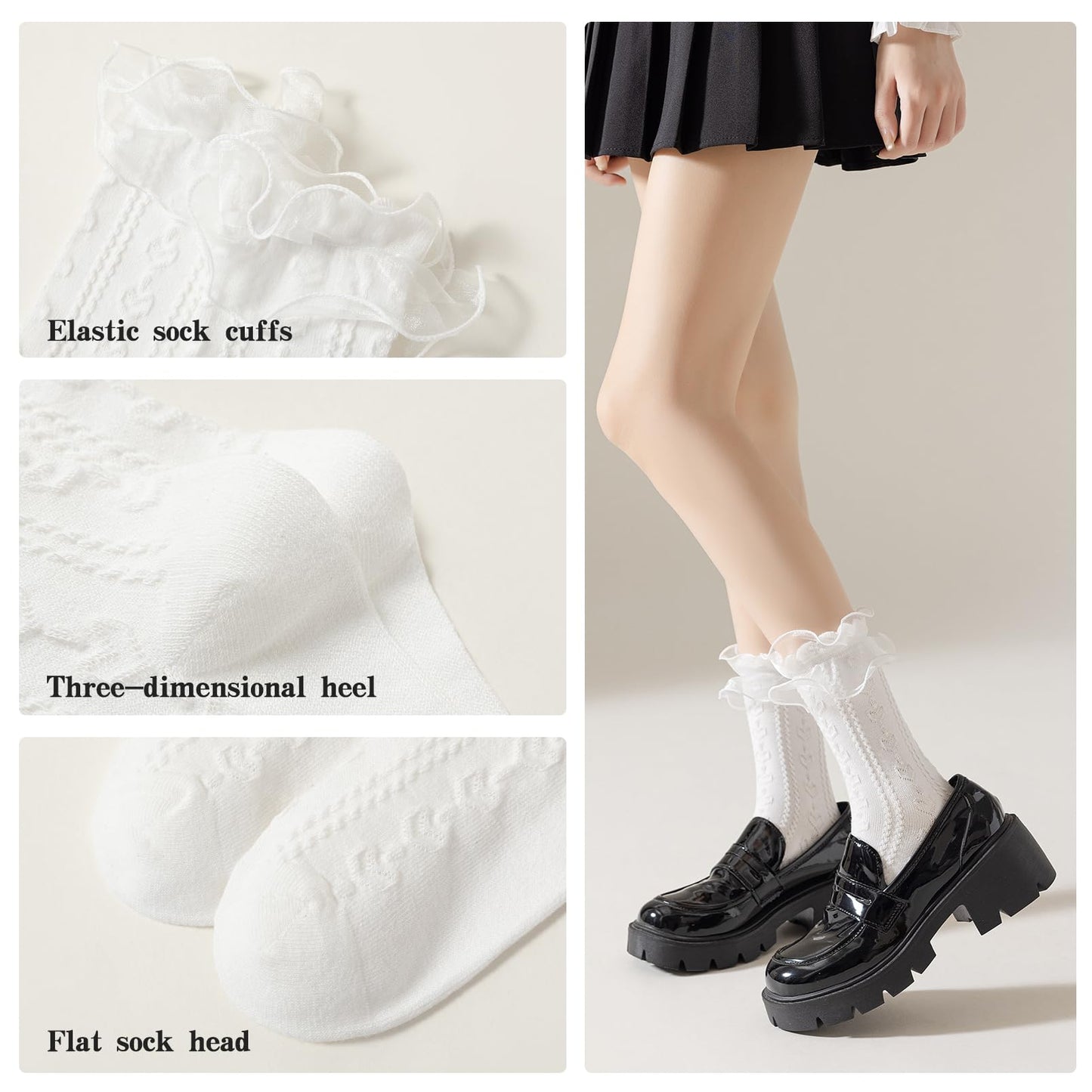 AMHRLINGTO Women Lace Socks Ruffle Frilly Socks - Comfortable Cotton Cute Socks Princess Lolita for Ladies Gril (US, Numeric, 5, 8, Regular, Regular, White - 3 pairs)