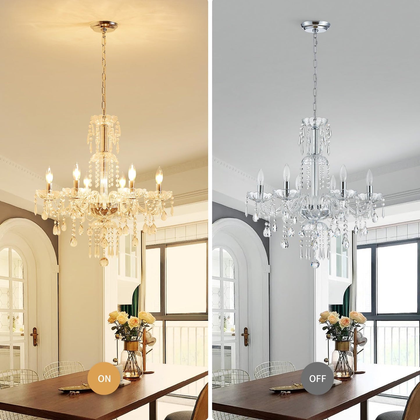 Wuzups 6-Light Crystal Candle Chandelier Pendant Ceiling Light Modern Lighting Fixture For Bedroom Hallway Bar Kitchen Bathroom  H 25.6 W 24.4  E12 Base  Chrome