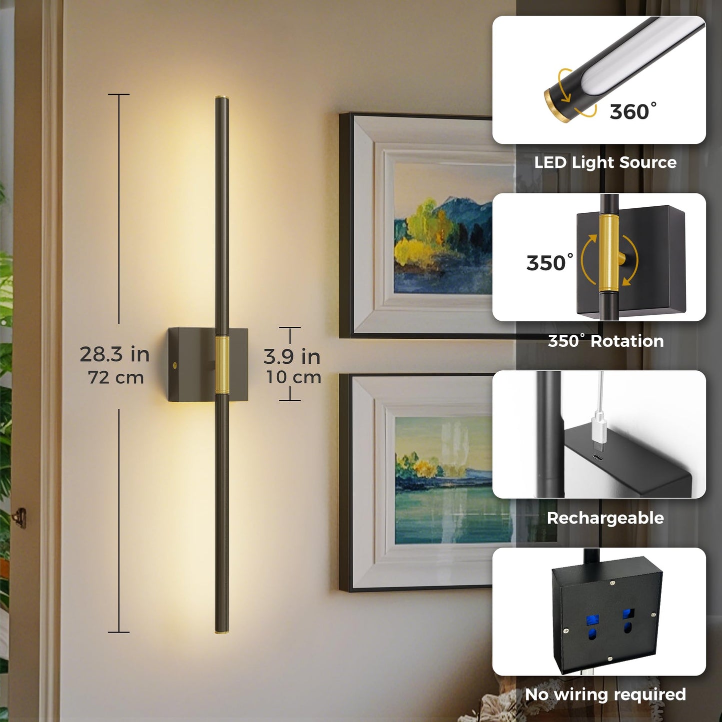 L LOHAS LED Wall Sconces Set of 2, 28.1in, Black and Gold, Rechargeable, 10000mAh, 3CCT Wireless Lighting for Bedroom and