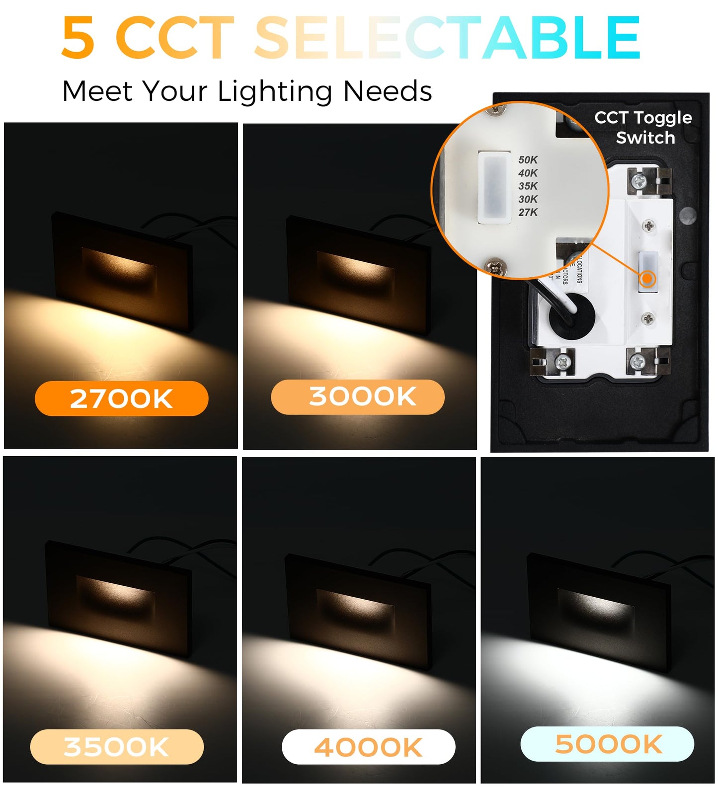 CLOUDY BAY 120V 5CCT Dimmable LED Indoor Outdoor Step Light,2700K/3000K/3500K/4000K/5000K,Stair Light,Black,Pack of 3
