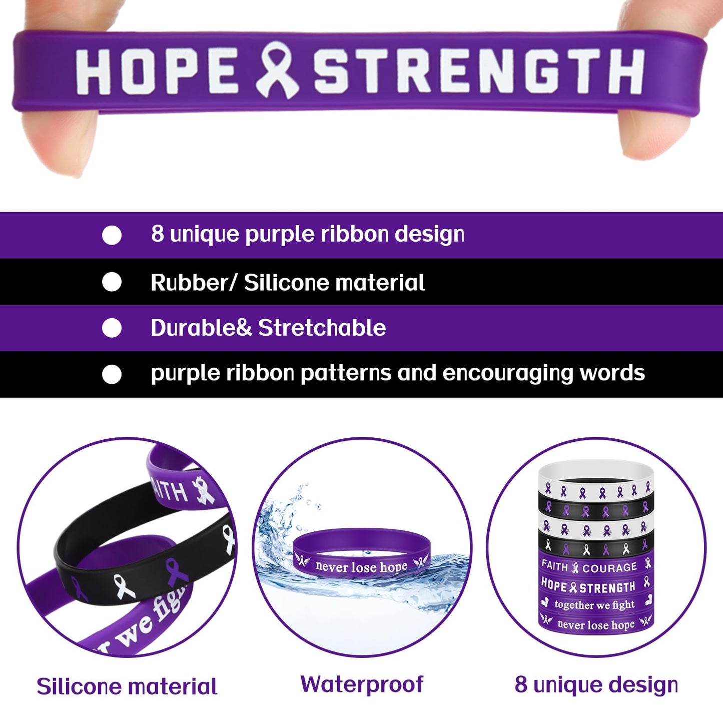 Karenhi 96 Pieces Purple Ribbon Awareness Wristbands Silicone Rubber Bracelets with Hope Faith Strength Courage Inspiring for Pa