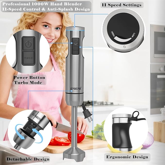 Handheld Immersion Blender, 1000W Powerful 11-in-1 Set for Smoothies,Orange Juicer, Egg Beater, Dough Hook, Vegetable Chopper, Potato Masher