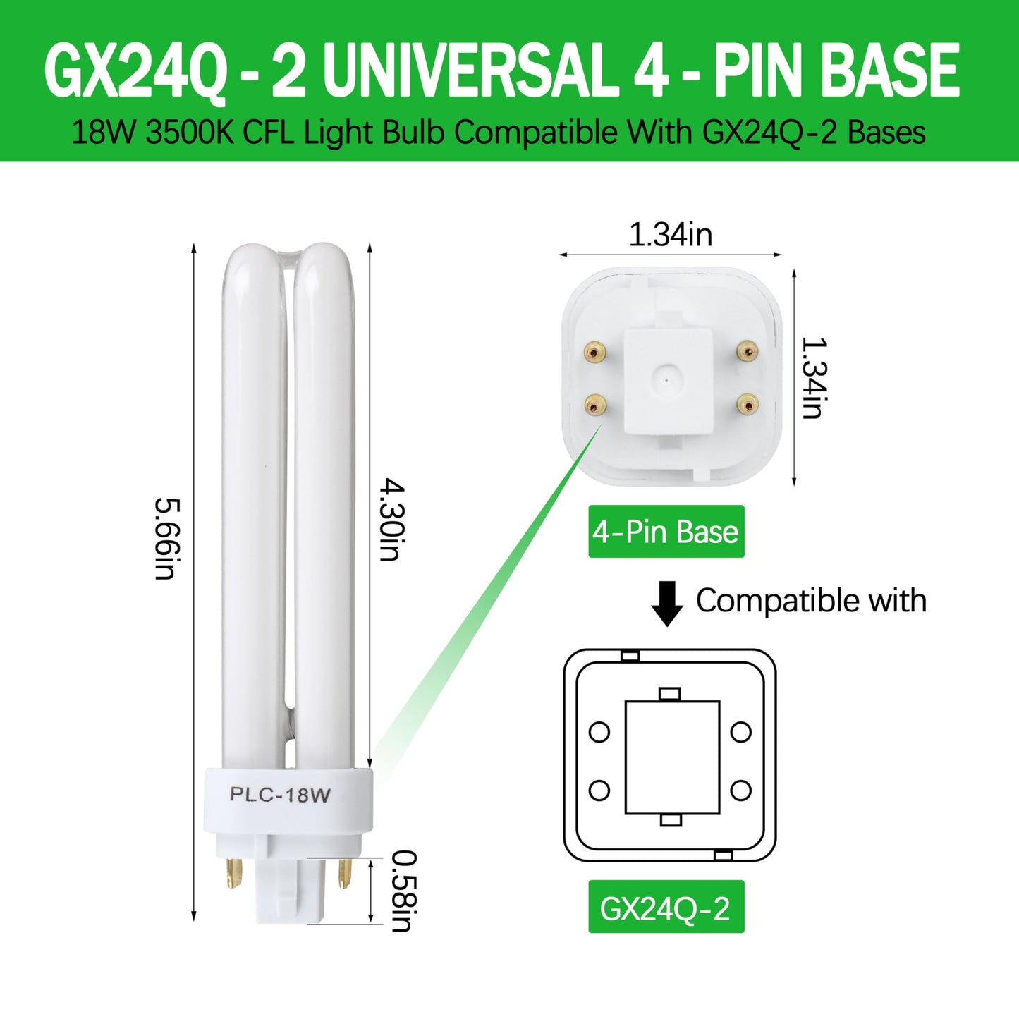 Zfegto Fds18E35/4 Cfl Light Bulbs For Panasonic  4 Pin G24Q-2 Base 18W 3500K Double Tub  Compact Fluorescent Light Bulbs 4Pcs