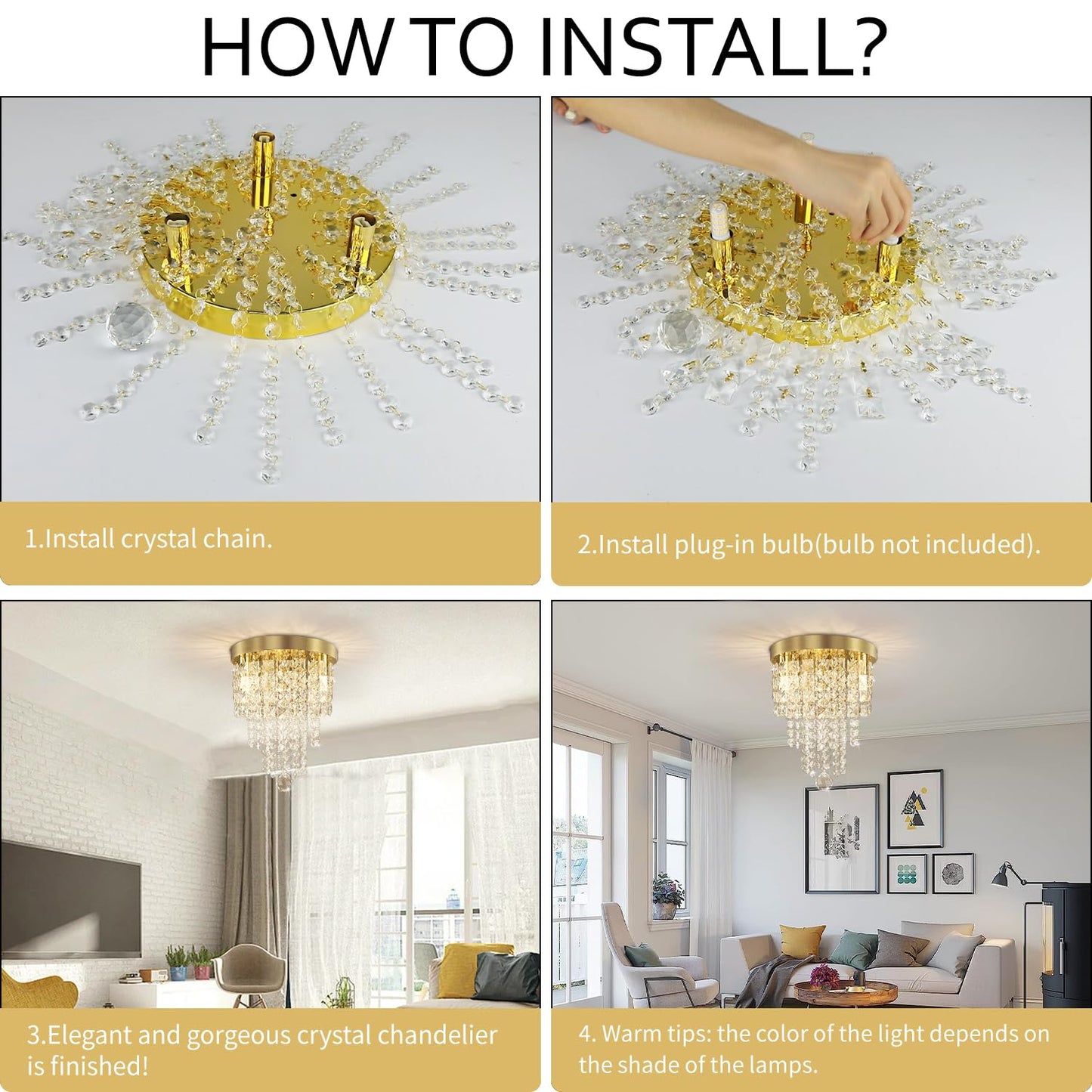 TISLYCO Mini Gold Crystal Chandelier, 3 Light Flush Mount Ceiling Light, Metal, 9.7inx11.5in, Beaded Pendant Lighting