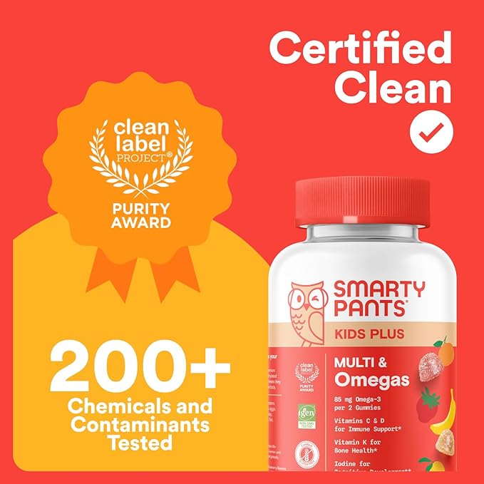 SmartyPants Kids Multivitamin Gummies - Improved Formula: Omega 3 (DHA/EPA), Vitamins D3, C, B12, B6, Vitamin A, K & Zinc, Gluten Free, Three Fruit Flavors, 80 Count (40 Day Supply)