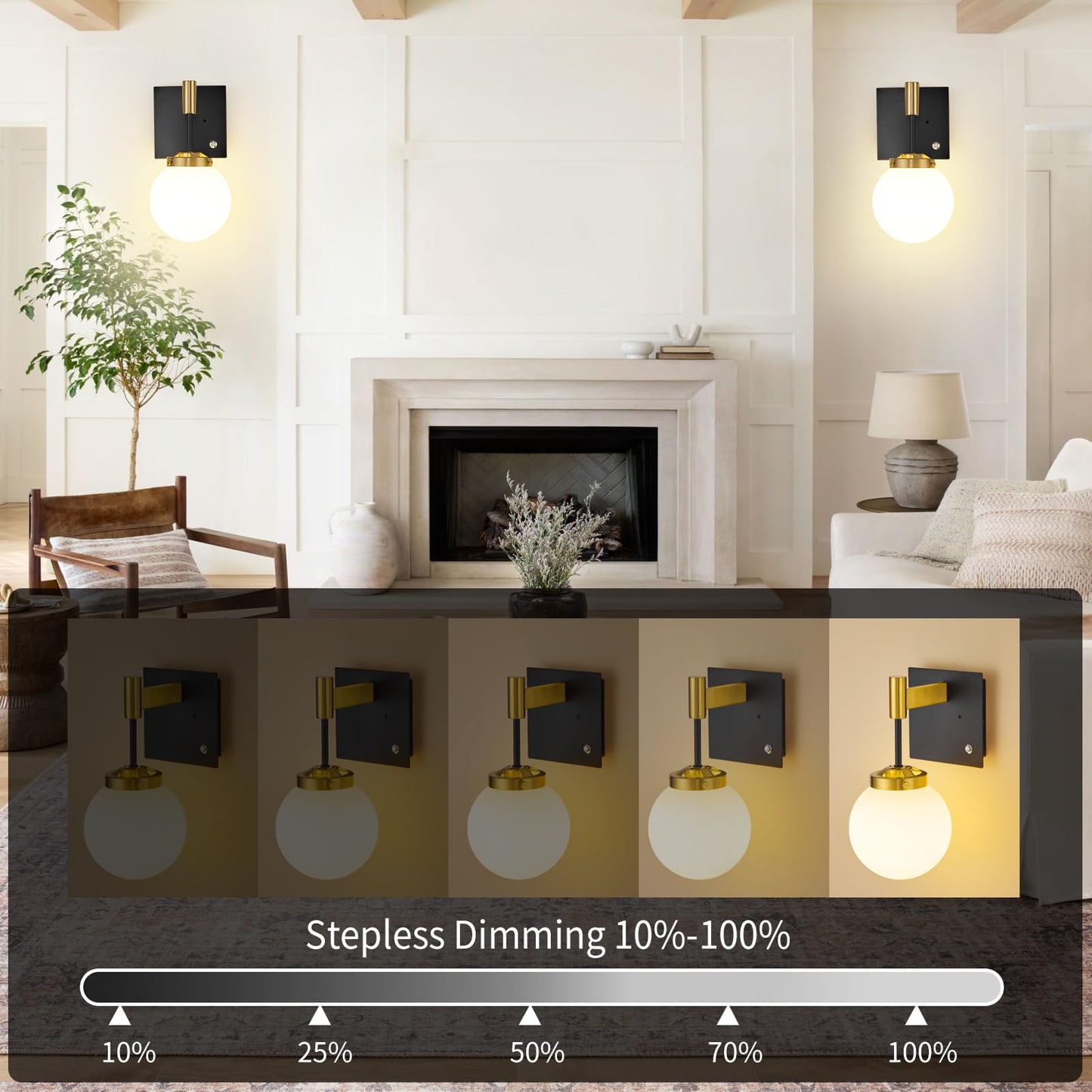 Rayogale Rechargeable Battery Wall Sconce - Wireless, Dimmable, Timer, Remote, Touch Control, Metal, Black Gold, 2 Pack, Model WL-7102-BG-2