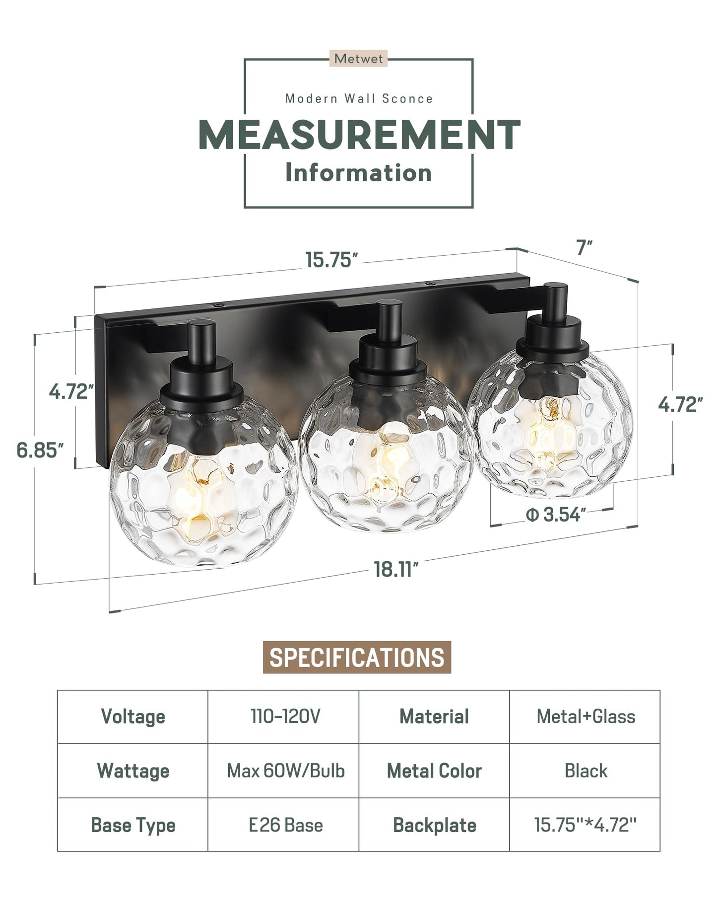 Metwet Bathroom Light Fixtures Over Mirror  3-Light Matte Black Vanity Light With Clear Hammered Glass Globe Shade  Modern Sconces Wall Lighting For Bedroom Hallway  Vl200-Mb-3