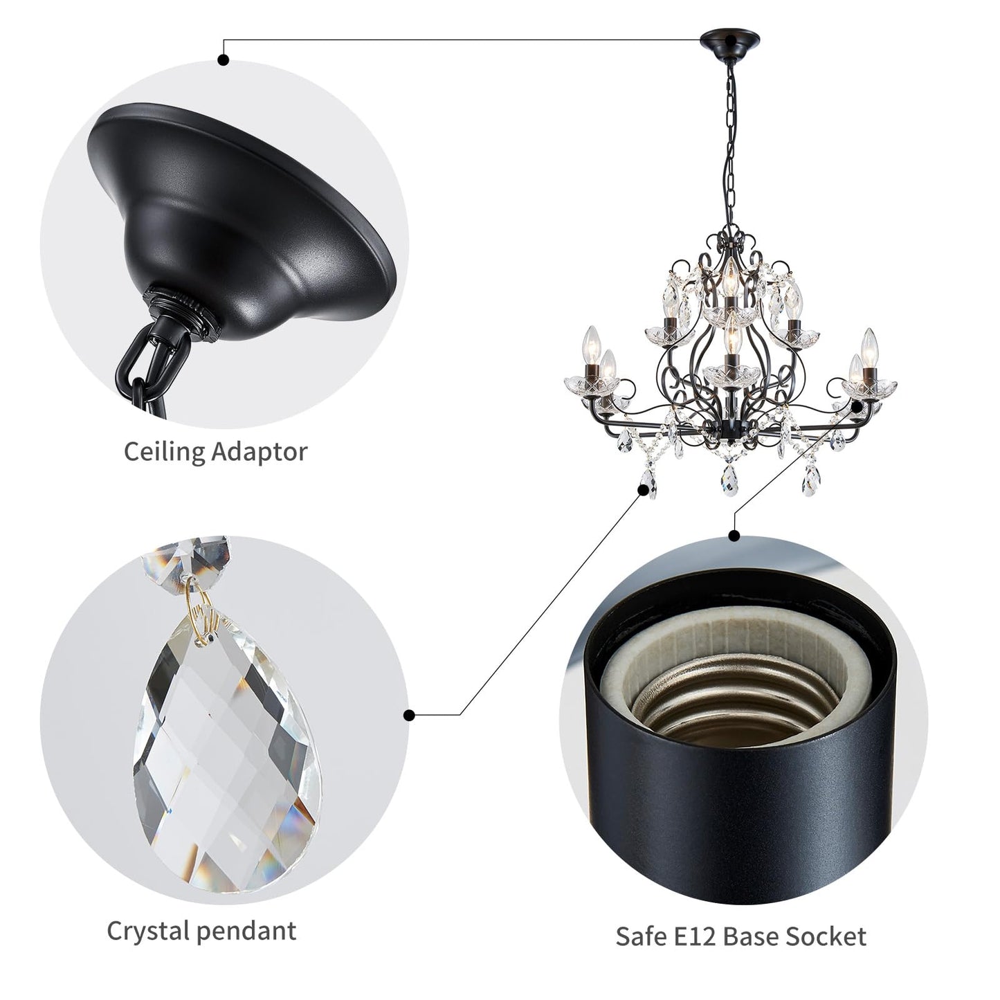 Wuzups 9-Light Crystal Candle Chandelier Pendant Flushmount Ceiling Light Modern Lighting Fixture For Bedroom Hallway Bar Kitchen Bathroom  H 18.1 X W 25.6  Black  E12 Base