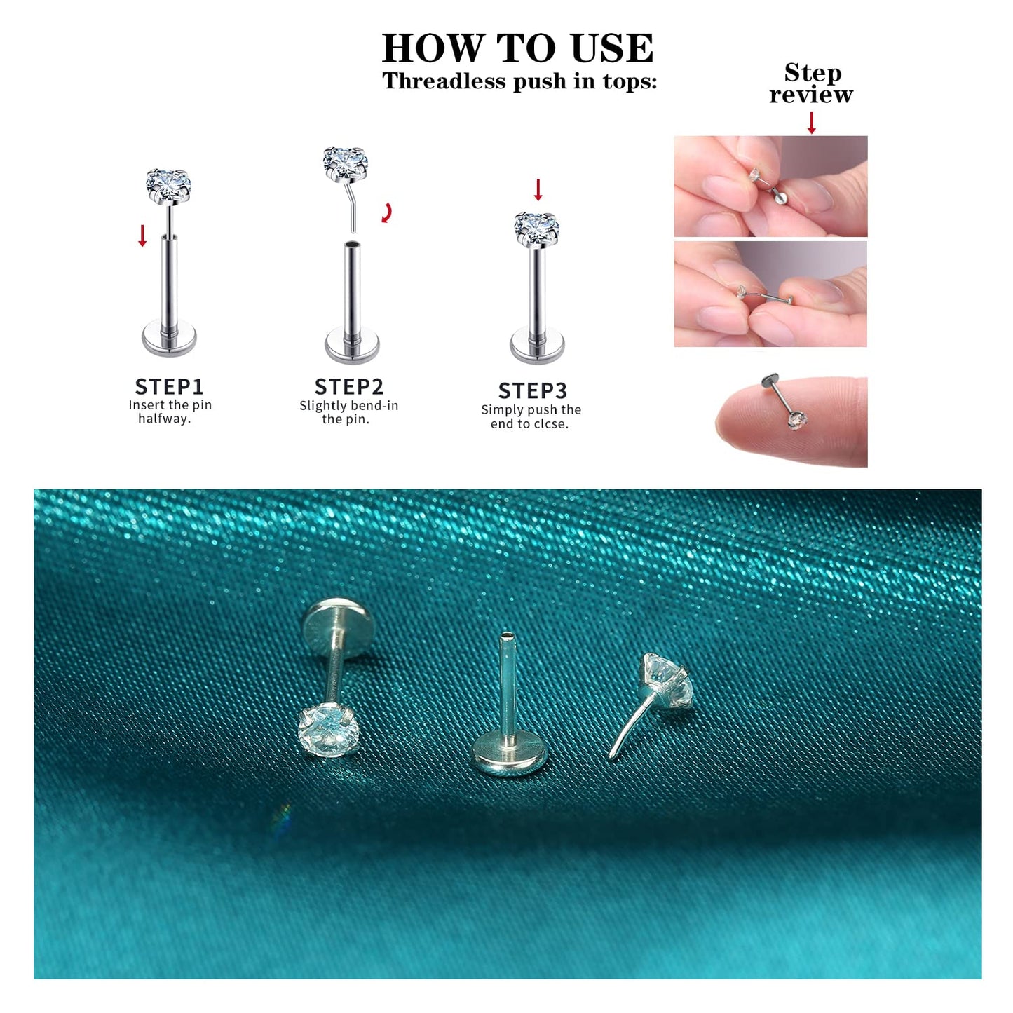 COTATI 20G Flat Back Earrings Stud Threadless Tragus Cartilage Lip Medusa Piercing Jewelry Hypoallergenic (Silver,20G 2/3/4mm CZ