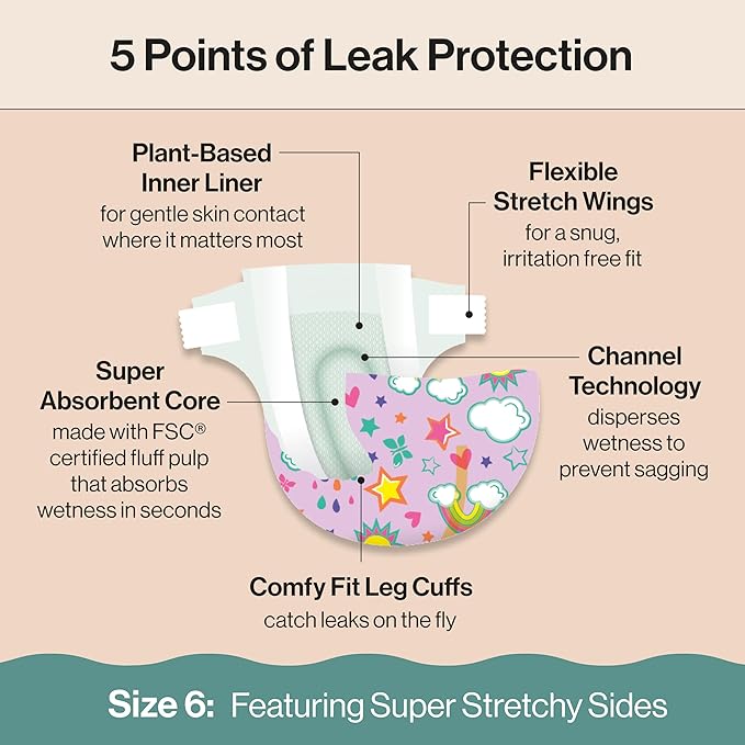 The Honest Company Clean Conscious Diapers for Sensitive Skin, Up to 100% Leakproof Hypoallergenic Fragrance-Free Baby Diapers, Girl Prints, Super Club Box, Size 6 (35+ lbs), 68 Count (Prints Vary)