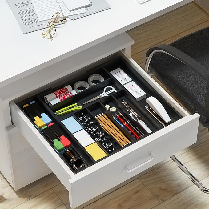 Utensil Organizer Silverware Drawer Organizer - Bamboo Expandable Cutlery Tray with Dividers for Utensil Holder Office Storage Makeup Desk Drawer Tool Organization W13.5"-19.5" x L17.5" x H2.5"(Black)