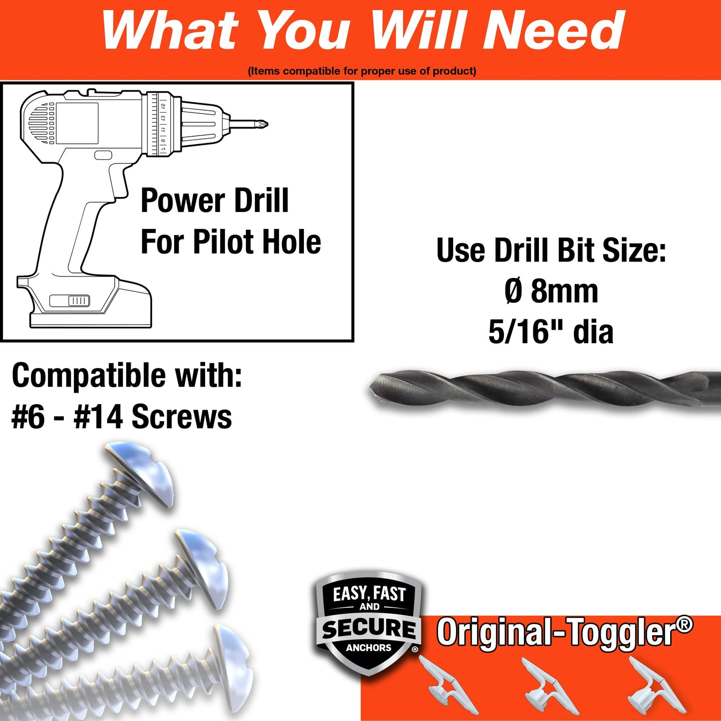 TOGGLER Toggle TB Residential Drywall Anchor, Polypropylene, Made in US, 3/8" to 1/2" Grip Range, For #6 to #14 Fastener Sizes (Pack of 100)