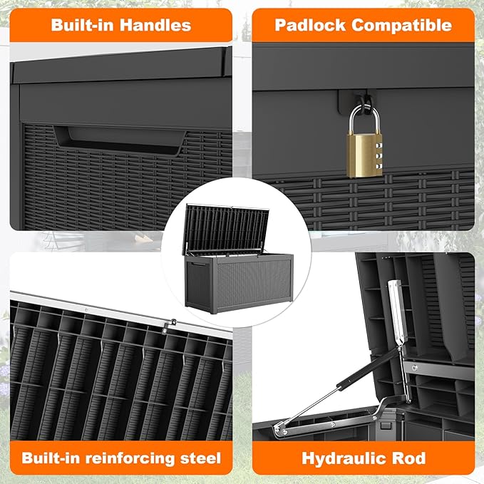 260 Gallon Resin Deck Box, Lockable Patio Outdoor Storage Box for Furniture, Garden Tools and Tools Storage, Waterproof Outside Storage Boxes - Black