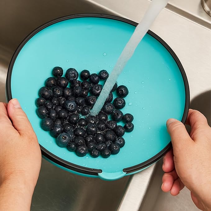 Ultimate Grease Drainer & Food Strainer (Aqua) Premium Heat-Resistant Silicone Colander for Bacon, Ground Beef, Pasta & Veggies; Fits Pans, Cans & Jars; Dishwasher Safe