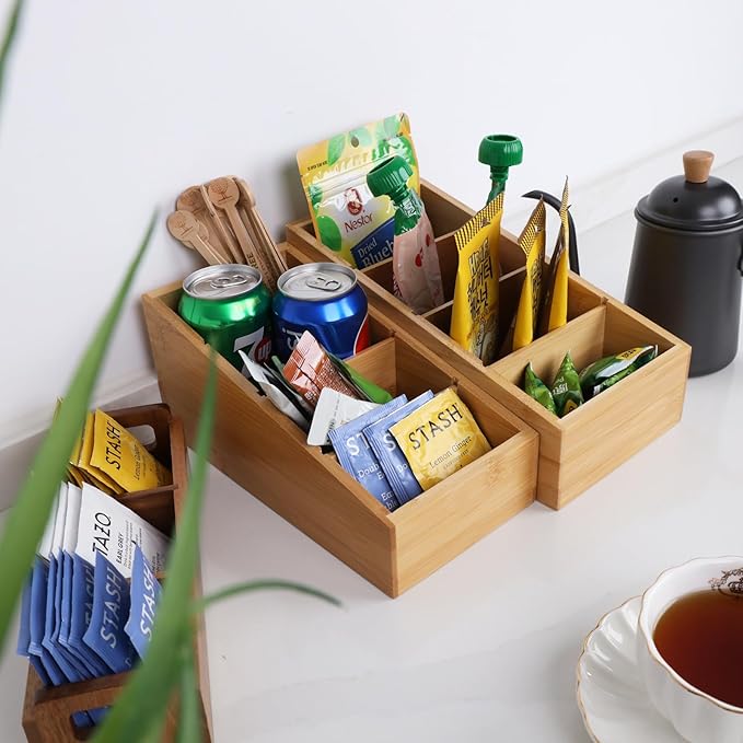 HTB 4-Section Snack Organizer with Removable Dividers for Kitchen, Cabinet, Office, Countertop, 2 Pack Bamboo Pantry Storage Organization for Spice Packets, Seasoning Pouches, Coffee Pods