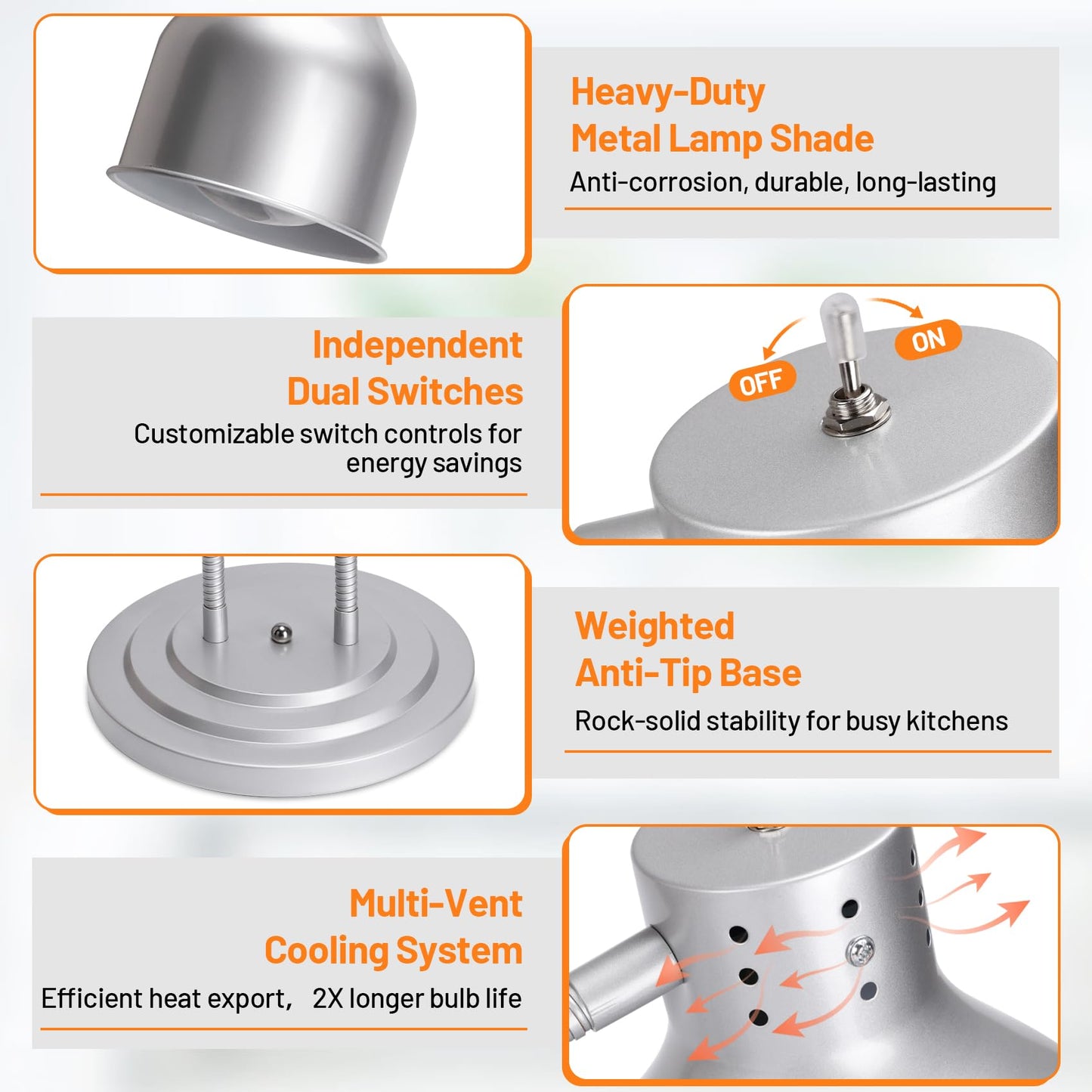 Food Heat Lamp, Commercial 500W Infrared Dual-Head Table Food Warmer Lamp, with 360° Adjustable, Suitable for Buffet Tables, Restaurant Kitchens and Catering Services