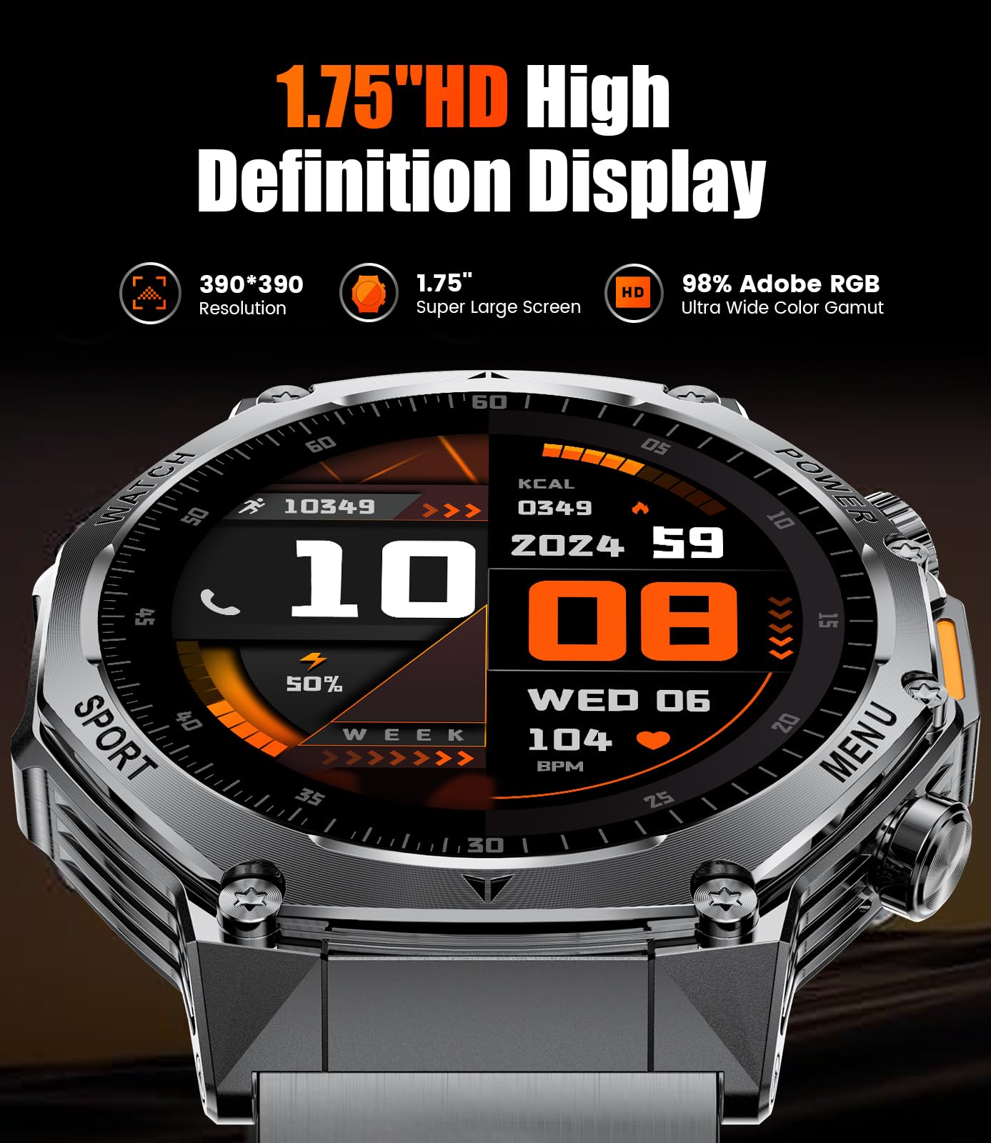 SUNKTA EF15 Military Smart Watch for Men - LED Flashlight, 1.75" HD Fitness Tracker Watch, 800mAh Long Battery Mens Smart Watches, 110+ Sport Mode/Pedometer/IP68 Waterproof Smartwatch for Android iOS