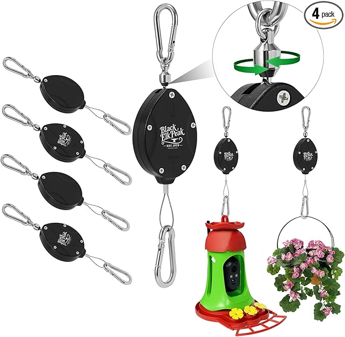 Plant Pulleys for Hanging Plants, Heavy Duty Retractable Hangers, 304 Stainless Steel Rope, Auto Plant Holder, Adjustable Climbing Hook for Garden Baskets Watering, or Bird Feeders (Black-4)