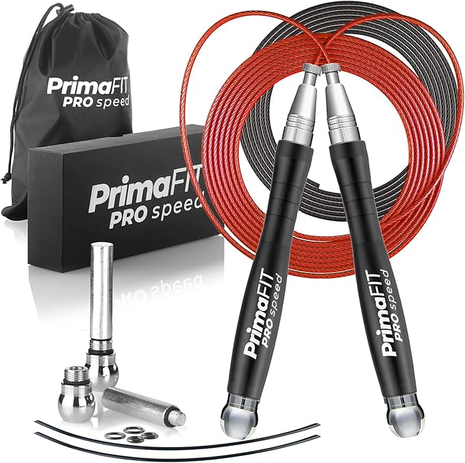 PrimaFIT Jump Rope Pro Speed Skipping Rope Adjustable Adult Jumping Rope Weighted Aluminium Handles for Double Dutch Boxin...