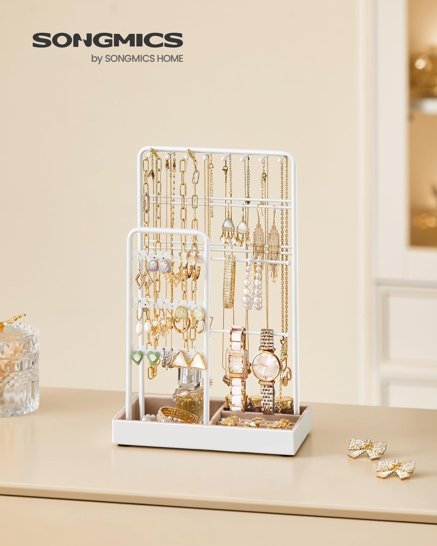 SONGMICS Jewelry Holder, Jewelry Organizer, Jewelry Display Stand with Metal Frame, Velvet Tray, Necklace Earring Bracelet Holde