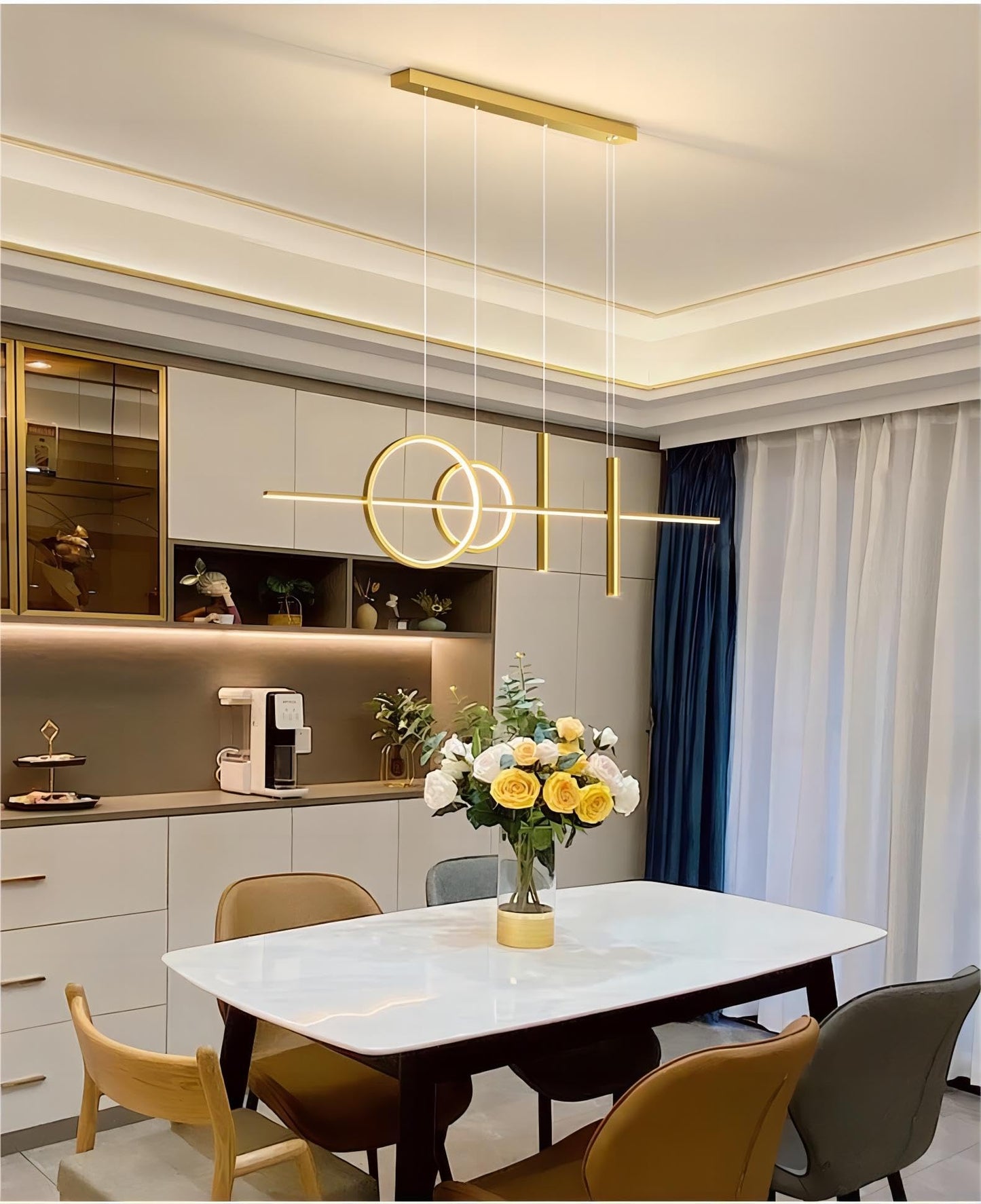 Generic LED Island Light, 5 Lights, Remote Control, Dimmable, 39.4 Inch, Iron/Acrylic/Silicone, All Gold, Model DD050702