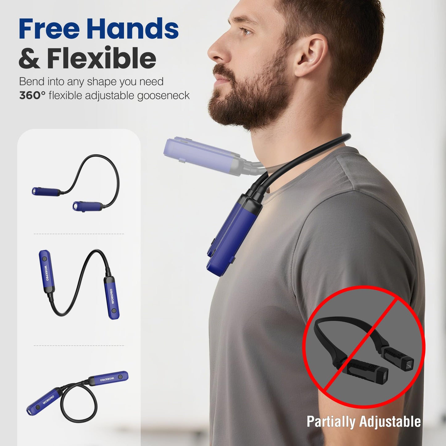 WORKPRO Rechargeable Neck Light, 300 Lumens, 3 Brightness Levels, Bendable Silicone Arm, Blue, Model W139033AF