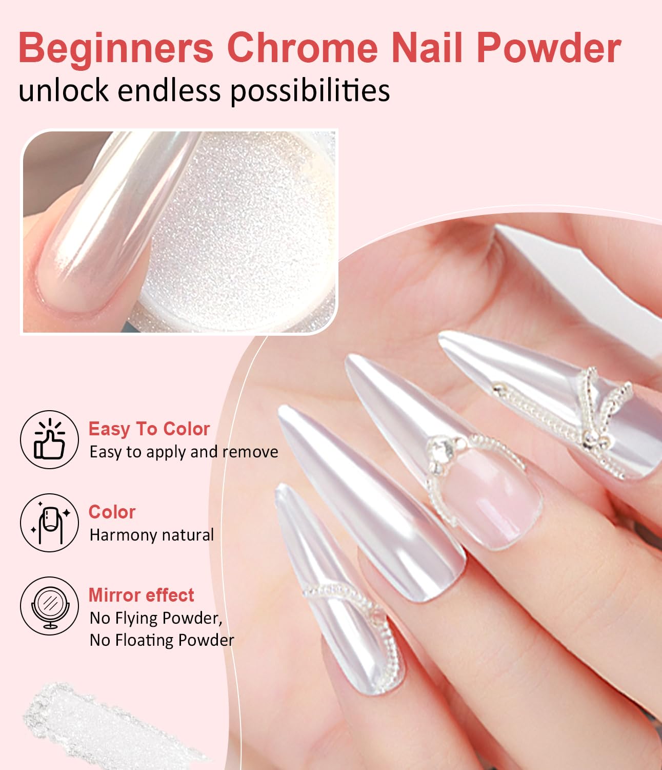 Pearl Chrome Nail Powder BISHENGYF -?Fairy Effect?Pink Chrome Nail Powder White Pearlesent Aurora Mermaid Iridescent Nail Chrome