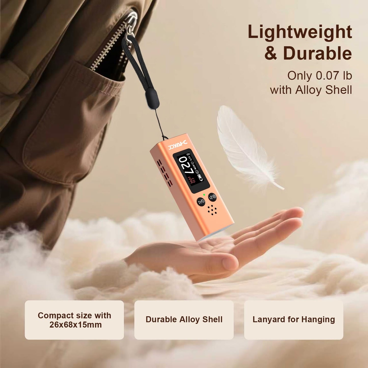 Portable Carbon Monoxide Detector for Travel, 3-in-1 CO Detector with Temperature & Humidity Sensor, Dual Audible & Visual Alarm Camping, RV and Hotel for Safety (Orange)