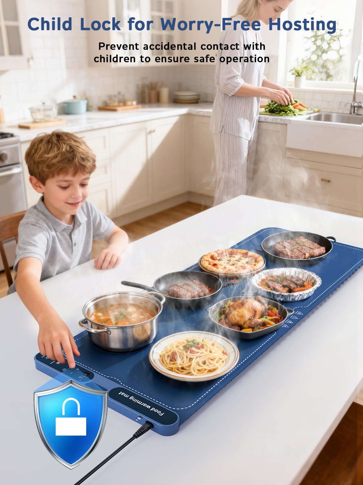 FZF Warming Mat for Food Extra Large, 40"x15" Food Warmers for Parties Buffet, with 7 Temp Level and 9 Timer Setting, Rollable Silicone Electric Warming Tray for Home, Gatherings (Blue)