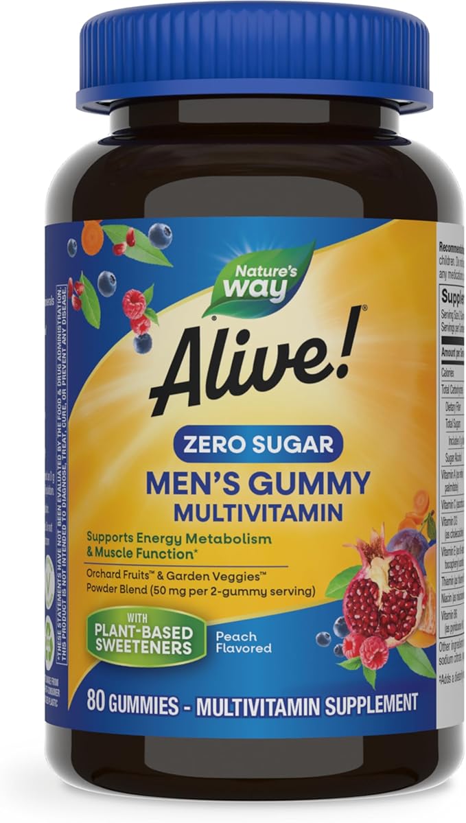 Nature’s Way Alive! Zero Sugar Men's Gummy Multivitamin, Energy Metabolism*, Muscle Function*, B-Vitamins, No Sugar Alcohols, Plant-Based Sweeteners, Peach Flavored, 80 Gummies