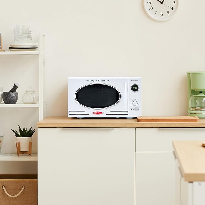 Nostalgia Retro Countertop Microwave Oven, 0.9 Cu. Ft. 800-Watts with LED Digital Display, Child Lock, Easy Clean Interior, Cu.Ft, White