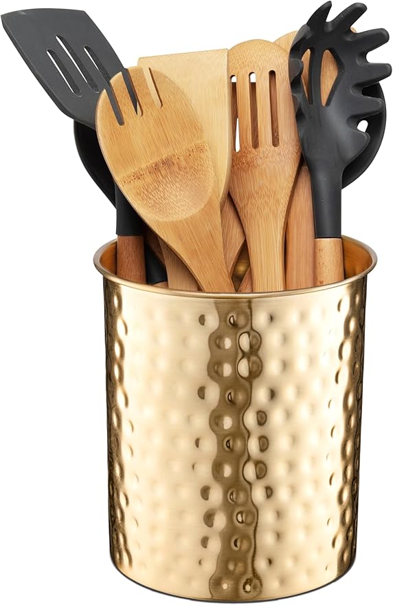 Monarch Abode Kitchen Utensil Holder – Hand Hammered Metal Brushed Gold Utensil Holder, Decorative Utensil Crock for Kitchen Counter, Cooking Tool and Spatula Holder for Countertop, Caddy Organizer