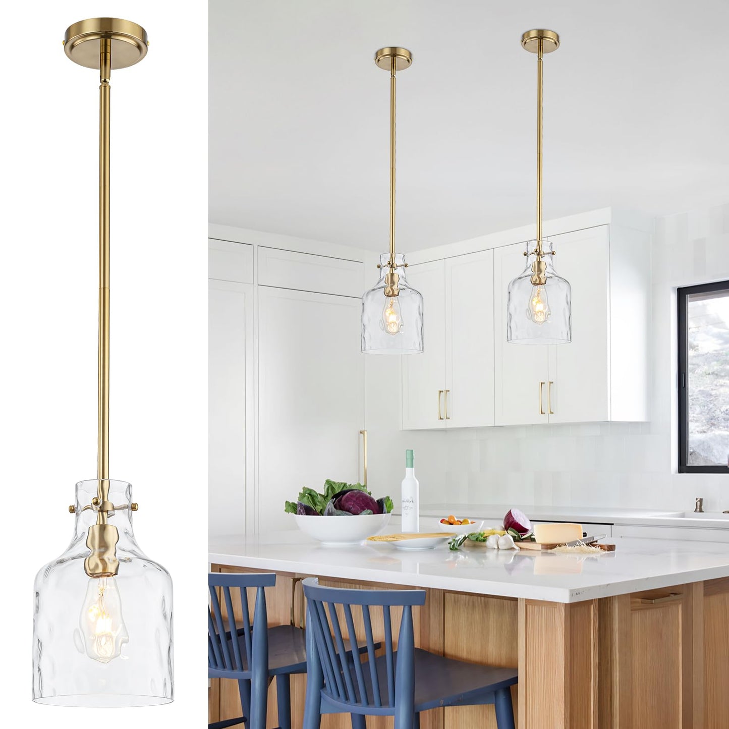 Wilon Pendant Light Fixtures Glass Pendant Lighting For Modern Kitchen Island Adjustable Hanging Ceiling Light 7 Hammered Glass Shade Pendant Lights For Dining Room Kitchen Sink  Gold Metal Finish