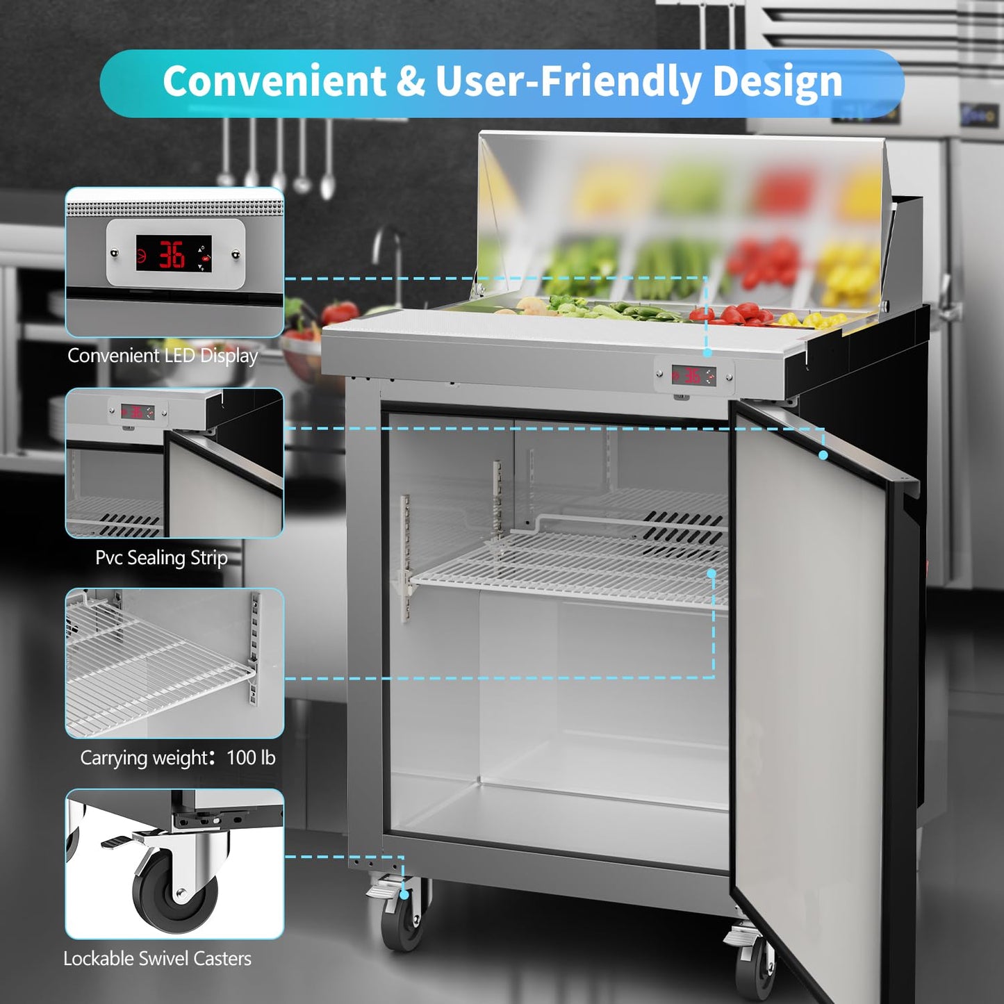 LCEKY 29" W Sandwich Salad Prep Table Refrigerator Commercial Refrigerator with 8 Pans Stainless Steel Fan Cooling Kitchen Equipment