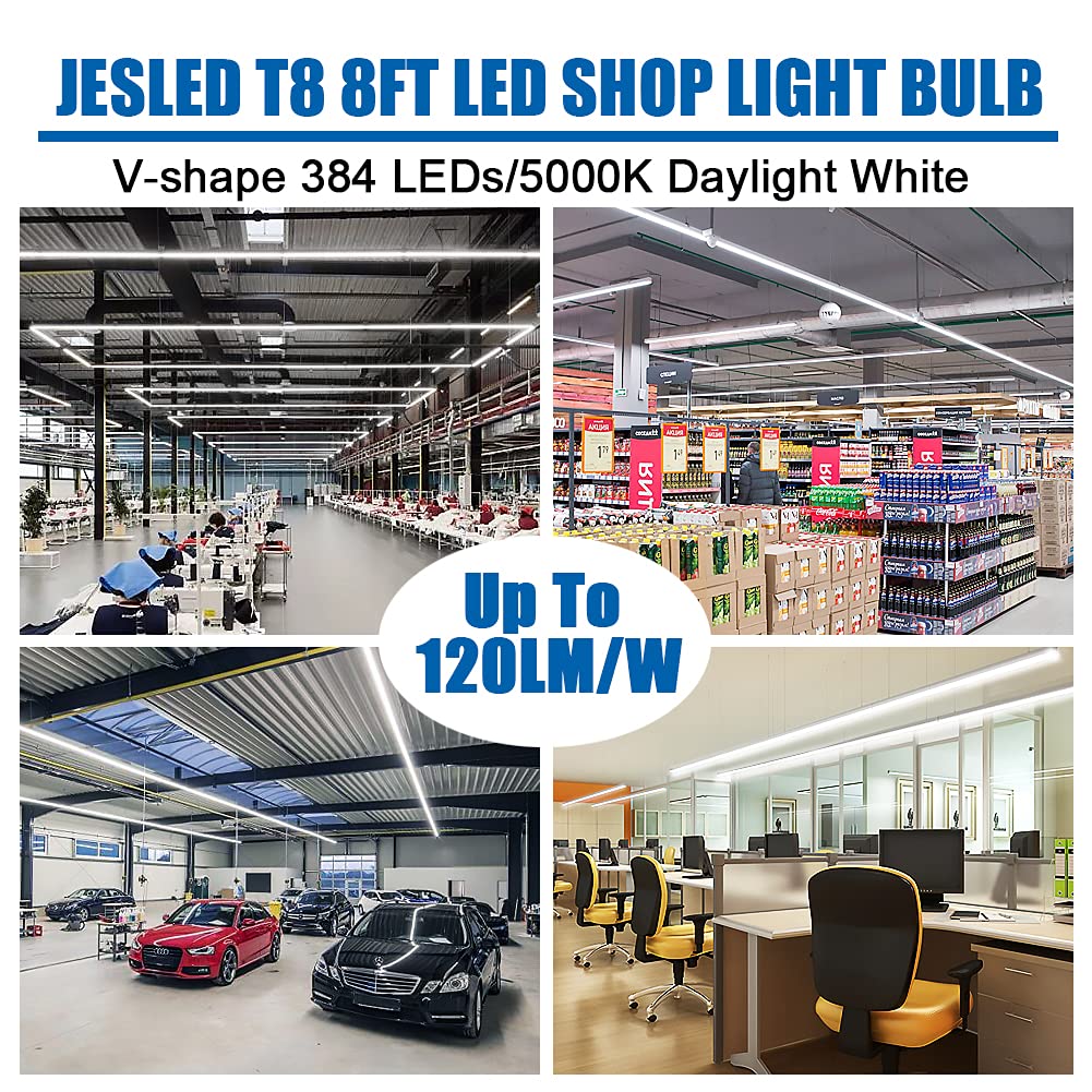 JESLED T8 T10 T12 LED Light Bulbs, 8FT, 50W, 6000LM, Ballast Bypass, V Shape, 5000K, Aluminum