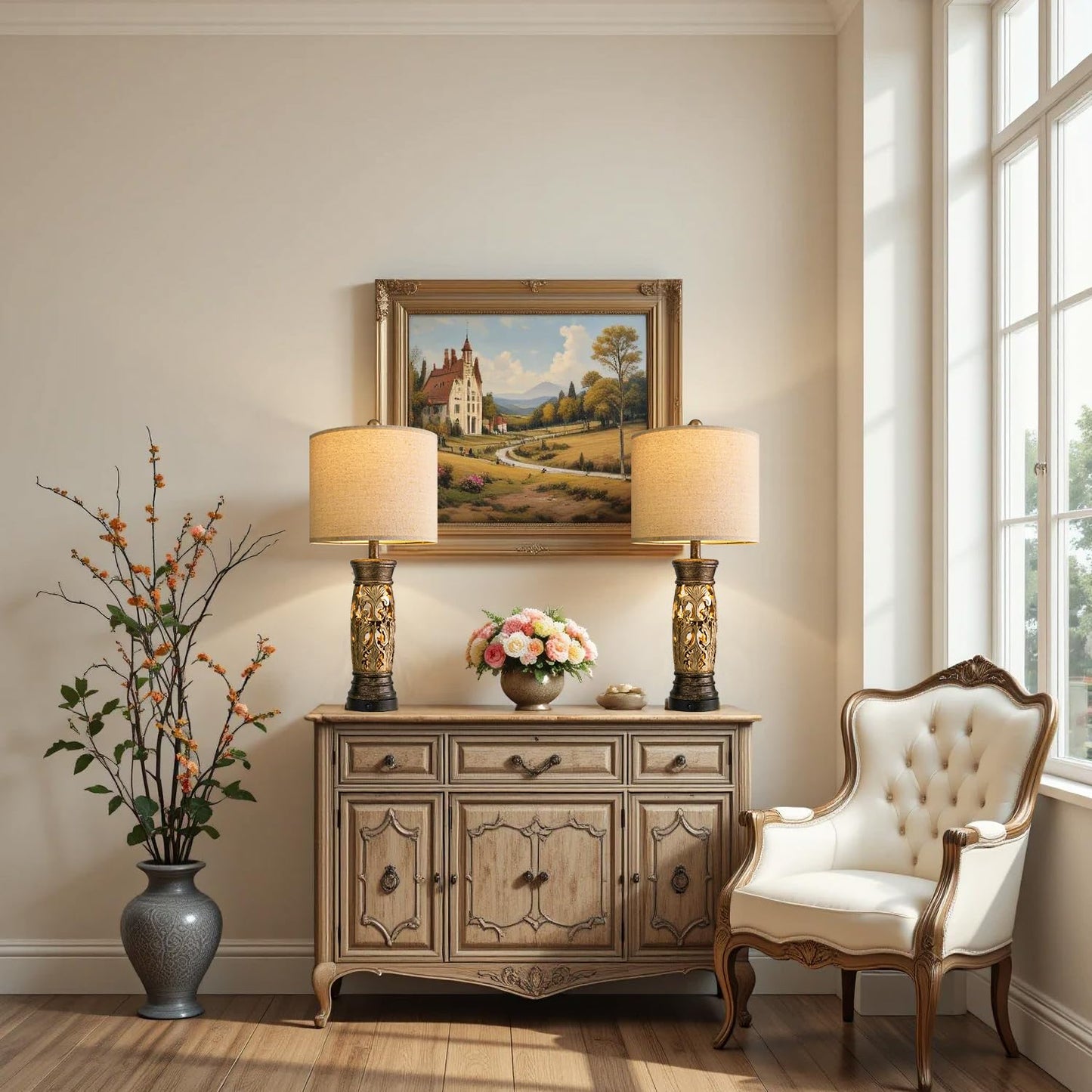 BOBOMOMO Table Lamps Set of 2, 27.25·Antique Gold, Resin, Vintage Design, USB A+C Ports, Bulbs Included