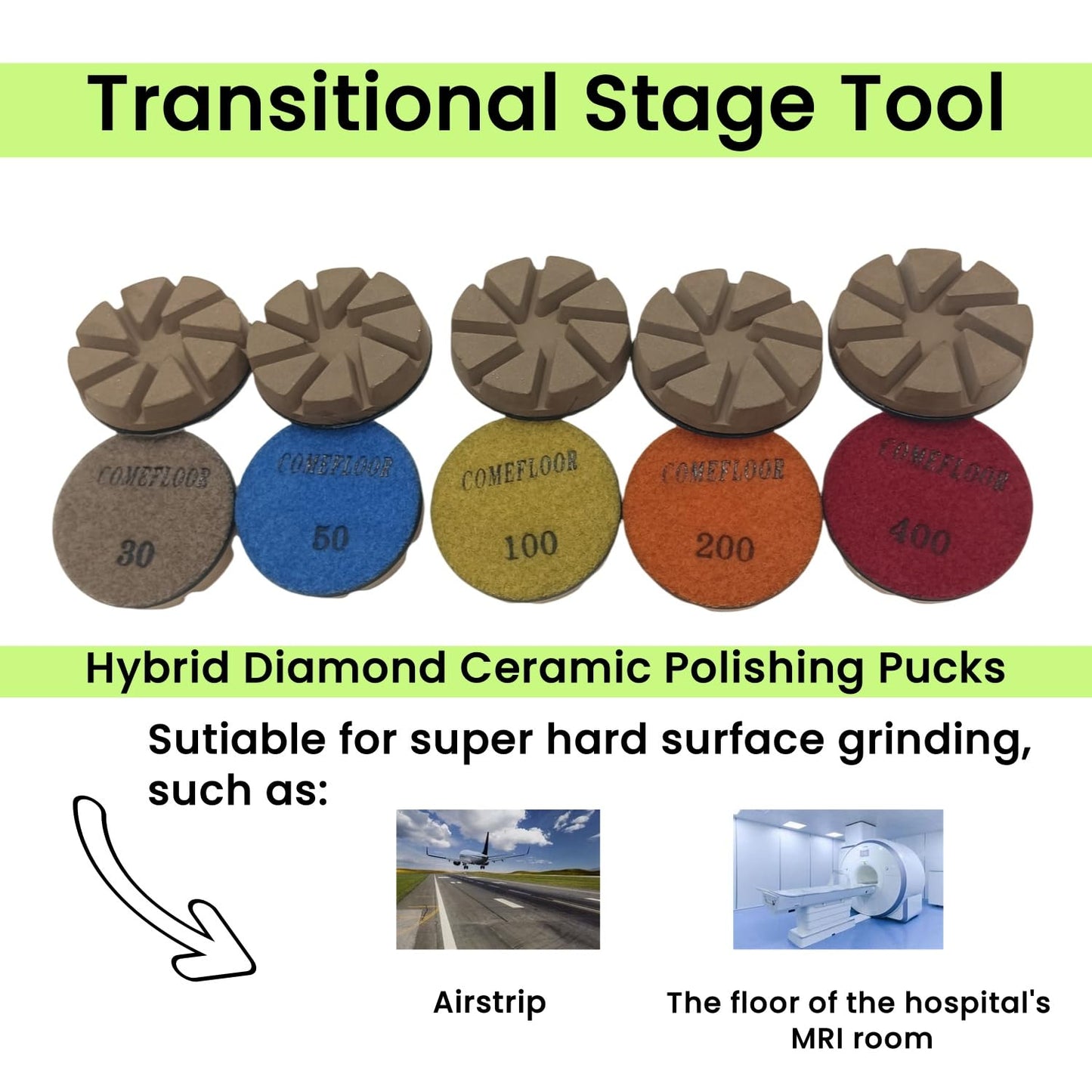 Hybrid Diamond Ceramic Polishing Pucks, Aggressive Concrete Terrazzo Floor Hook n Loop Grinding Pads, 3 Inch Long Using Life Transitional Discs,200# 9PCS