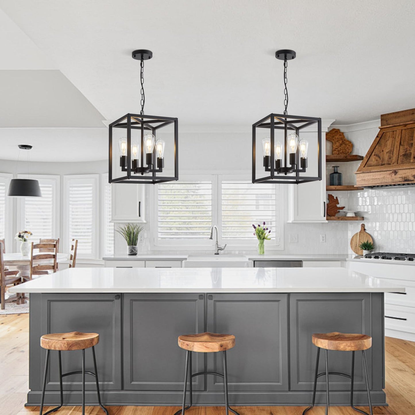 Lanhall 4-Light Farmhouse Chandelier, Adjustable Height, Metal Cage, Black Pendant Lighting For Kitchen, Dining Room, Living Room, Bedroom
