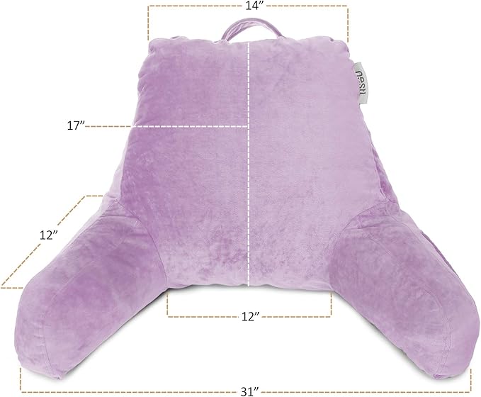 Nestl Reading Pillow Standard Bed Pillow, Back Pillow for Sitting in Bed Shredded Memory Foam Chair Pillow, Reading & Bed Rest Pillows Lavender Back Pillow for Bed, Bed Chair Arm Pillow with Pockets