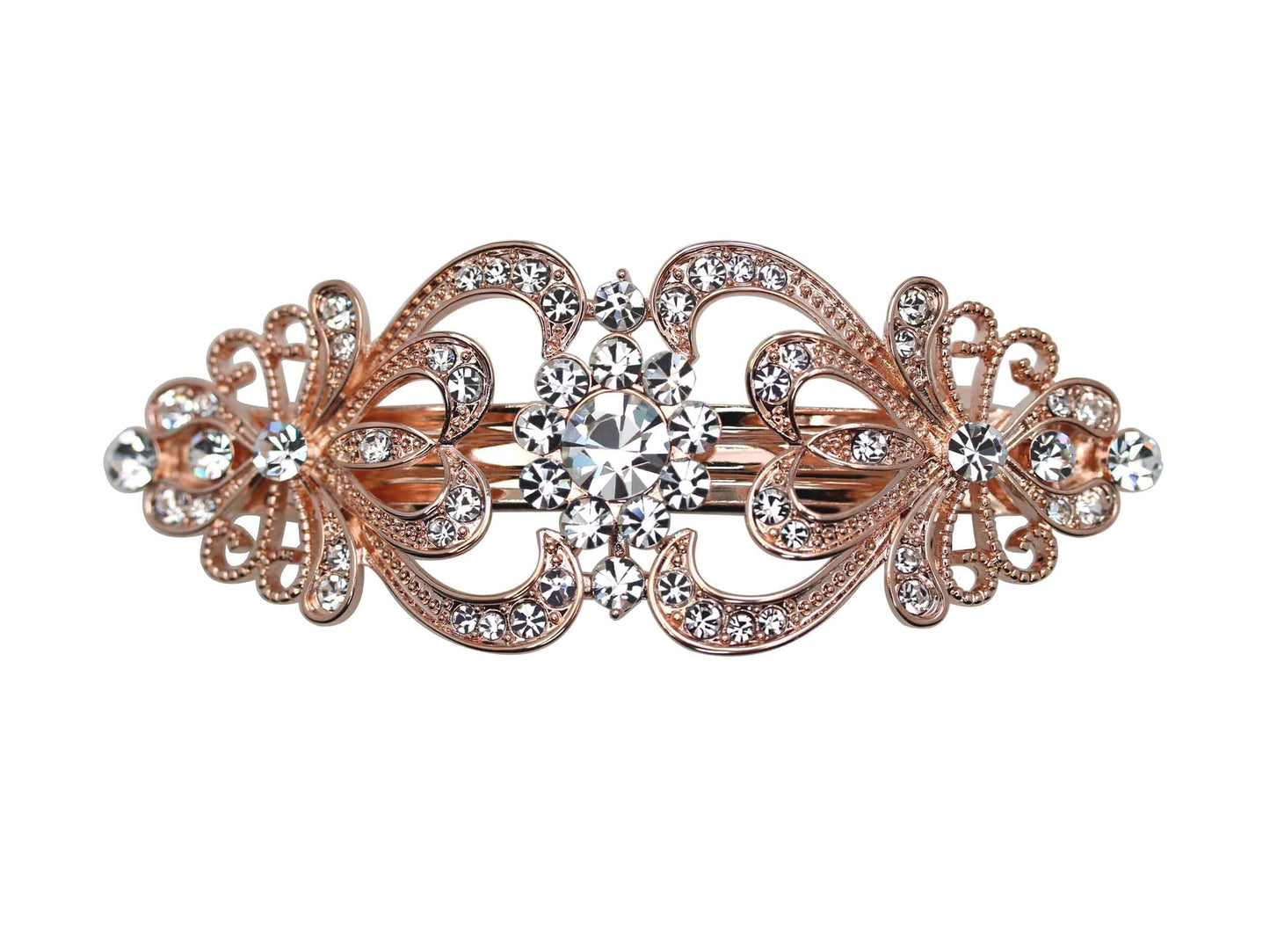 Faship Clear Crystal Rose Gold Plated Hearts And Floral Hair Barrette