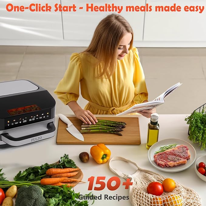 PULZO 7.4 Qt Digital Air Fryer, Large Family 13" Pizza Airfryer, One-Touch Presets, Dehydrate Function, 1650W Fast Heating, 170°F–450°F Precise Temp Control, Nonstick Basket, Dishwasher Safe