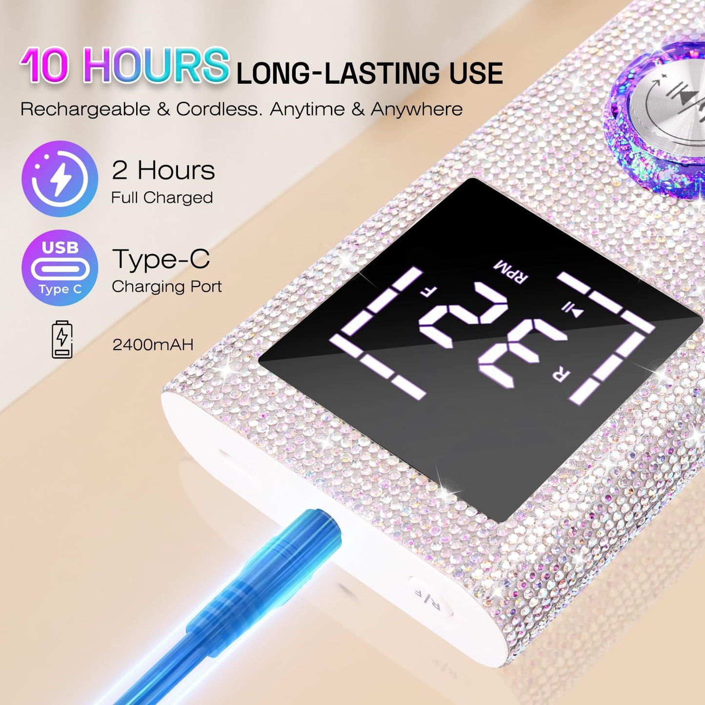 Electric Nail Drill File Machine: Professional 45000RPM Cordless Nail Tool with Stepless Speed Knob for Acrylic Gel Dip Powder N