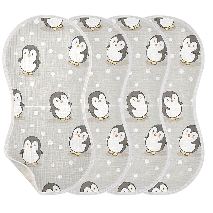 Kigai Cute Cartoon Penguin Muslin Baby Burp Cloths, Large Absorbent Cotton Muslin Burp Cloths Set of 1, Washcloths, Face Towel, Bibs for Newborn Boys Girls, 11 x22 Inch
