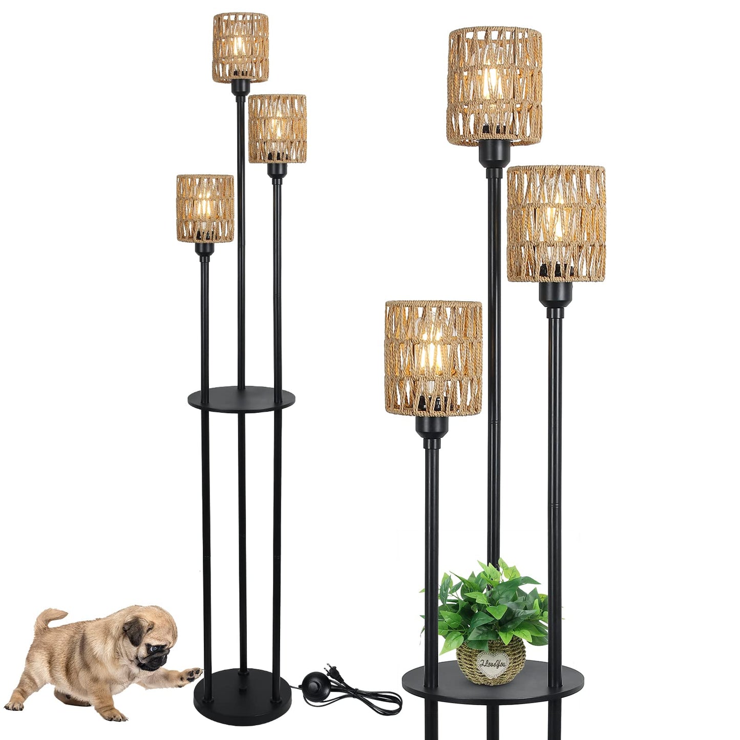 Stepeak Boho Floor Lamp - 3-Light Rustic Standing Lamp With Rattan Shades, Black - Model 221105A1 For Living Room, Bedroom, Office