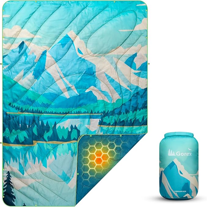 Gonex Camping Blanket with Aero-Warmth Tech Layer, Puffy Printed Packable Blanket Ultralight & Warm Wearable Water-Resista...