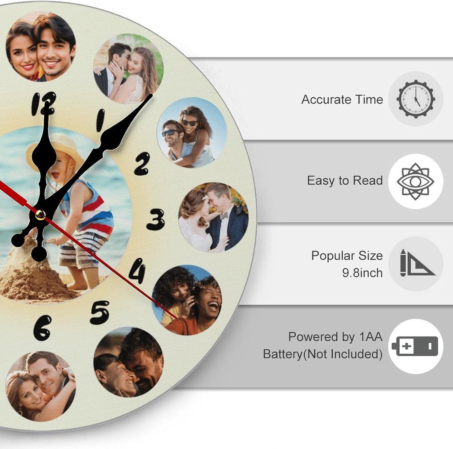 Custom Wall Clock,Personalized Wood Clock add Your Photo/Text,Customizable Silent Round Decoration for Kitchen Bathroom 13.4inch style8